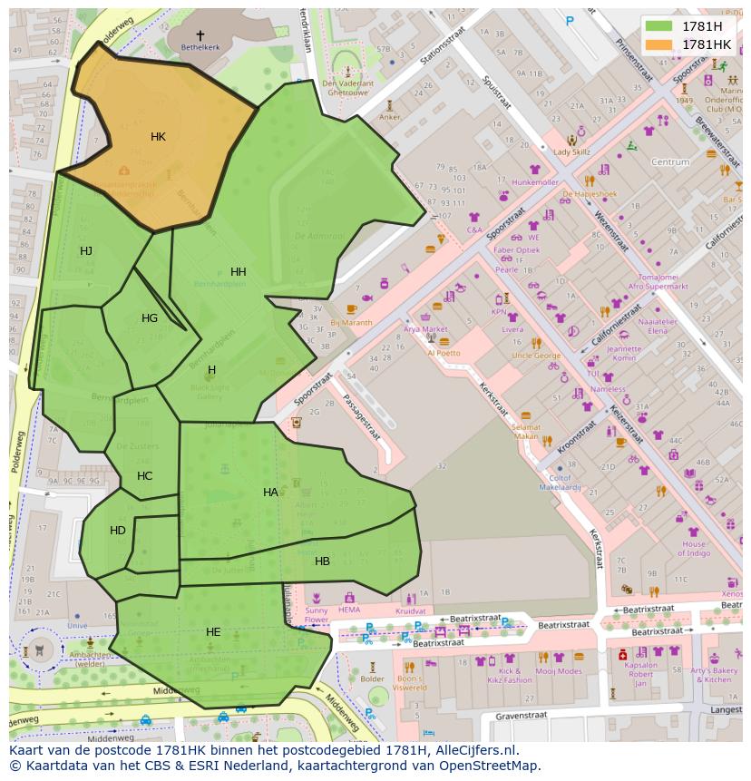 Afbeelding van het postcodegebied 1781 HK op de kaart.
