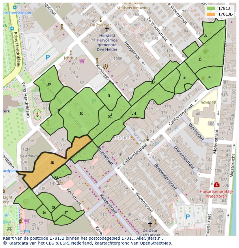 Afbeelding van het postcodegebied 1781 JB op de kaart.