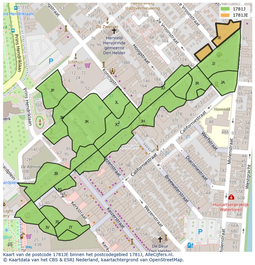 Afbeelding van het postcodegebied 1781 JE op de kaart.
