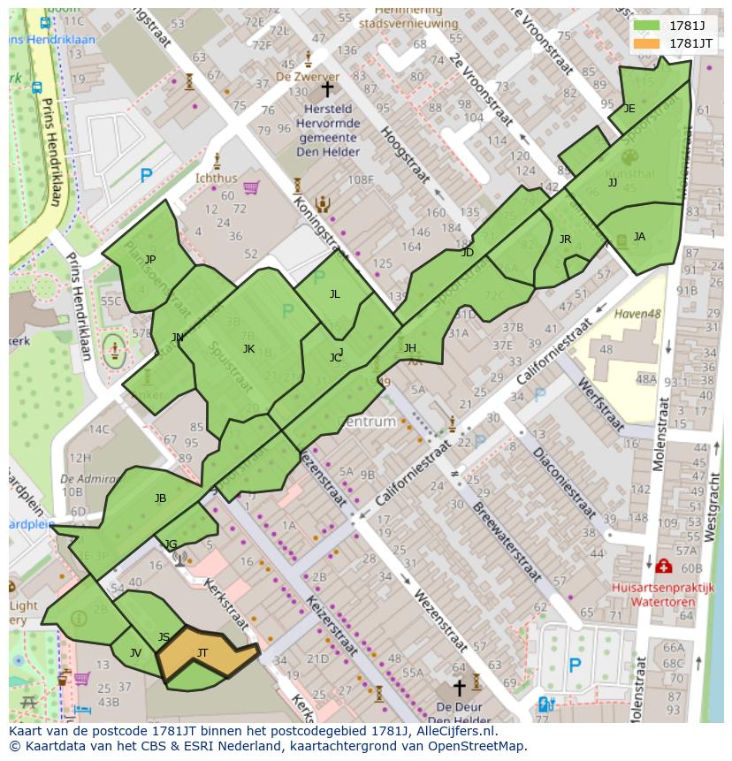 Afbeelding van het postcodegebied 1781 JT op de kaart.