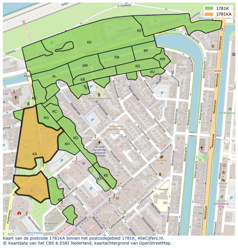 Afbeelding van het postcodegebied 1781 KA op de kaart.
