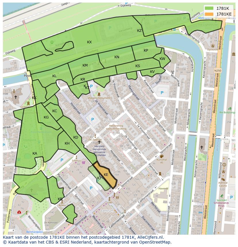 Afbeelding van het postcodegebied 1781 KE op de kaart.