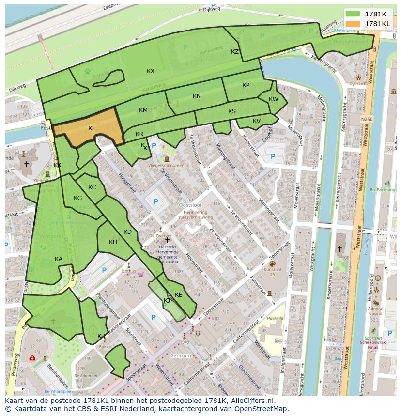 Afbeelding van het postcodegebied 1781 KL op de kaart.