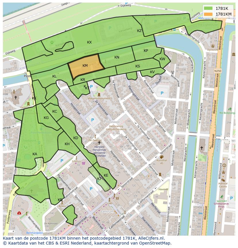 Afbeelding van het postcodegebied 1781 KM op de kaart.