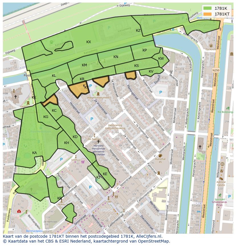 Afbeelding van het postcodegebied 1781 KT op de kaart.
