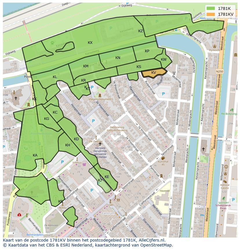 Afbeelding van het postcodegebied 1781 KV op de kaart.