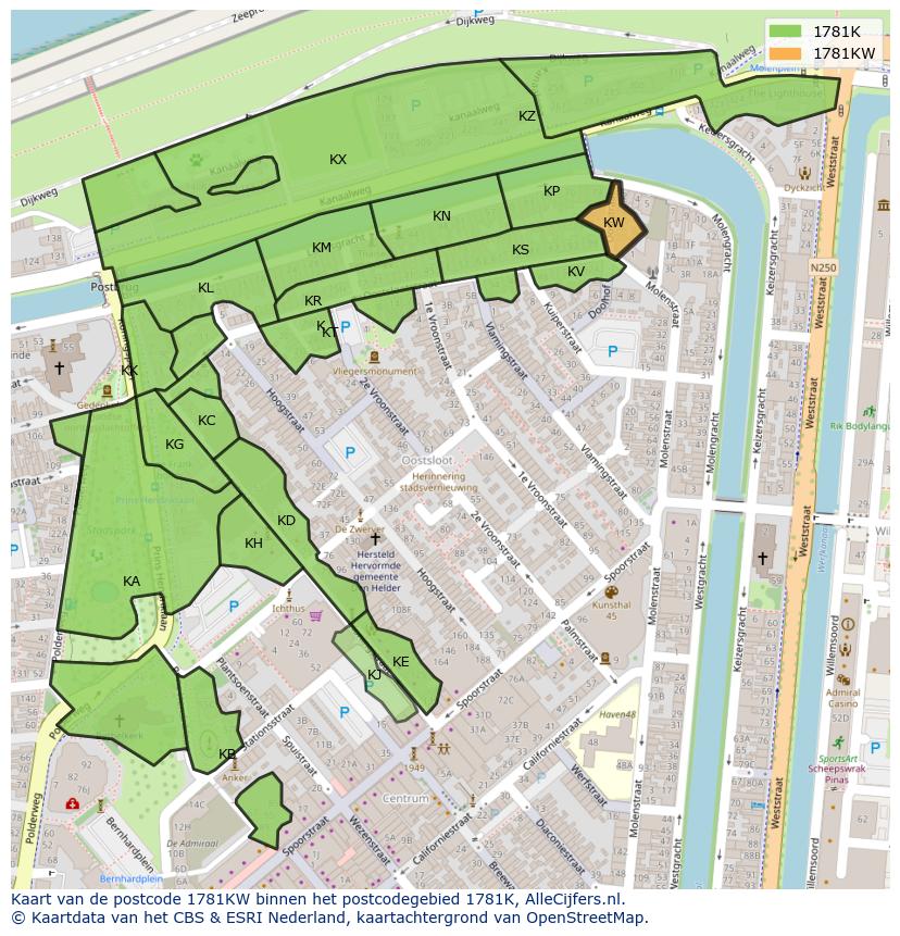 Afbeelding van het postcodegebied 1781 KW op de kaart.