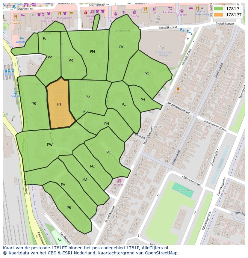 Afbeelding van het postcodegebied 1781 PT op de kaart.