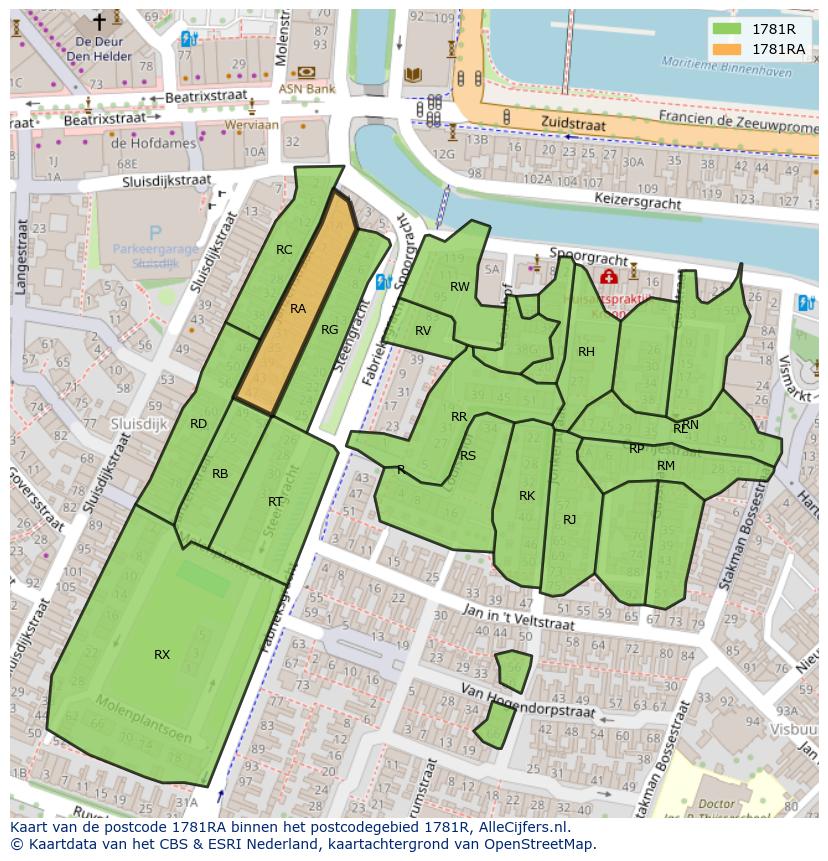 Afbeelding van het postcodegebied 1781 RA op de kaart.