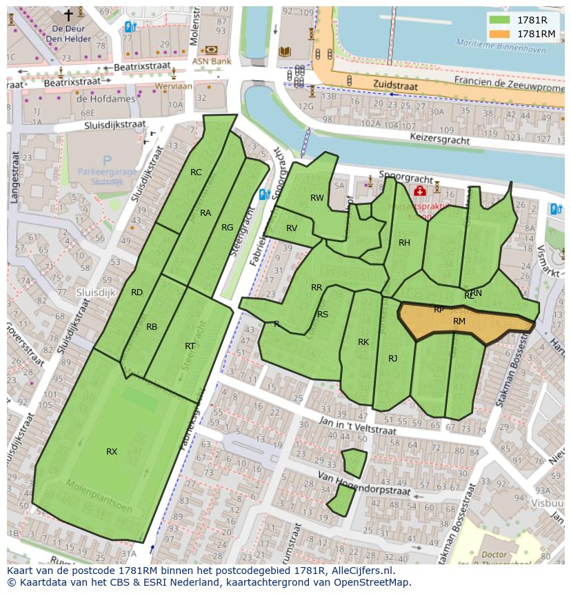 Afbeelding van het postcodegebied 1781 RM op de kaart.
