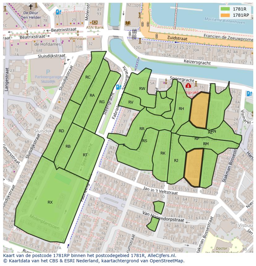 Afbeelding van het postcodegebied 1781 RP op de kaart.