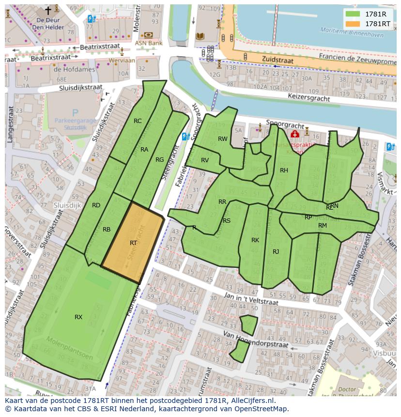 Afbeelding van het postcodegebied 1781 RT op de kaart.