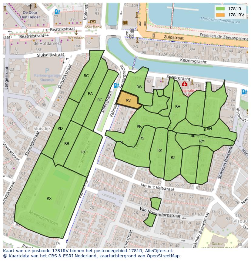Afbeelding van het postcodegebied 1781 RV op de kaart.