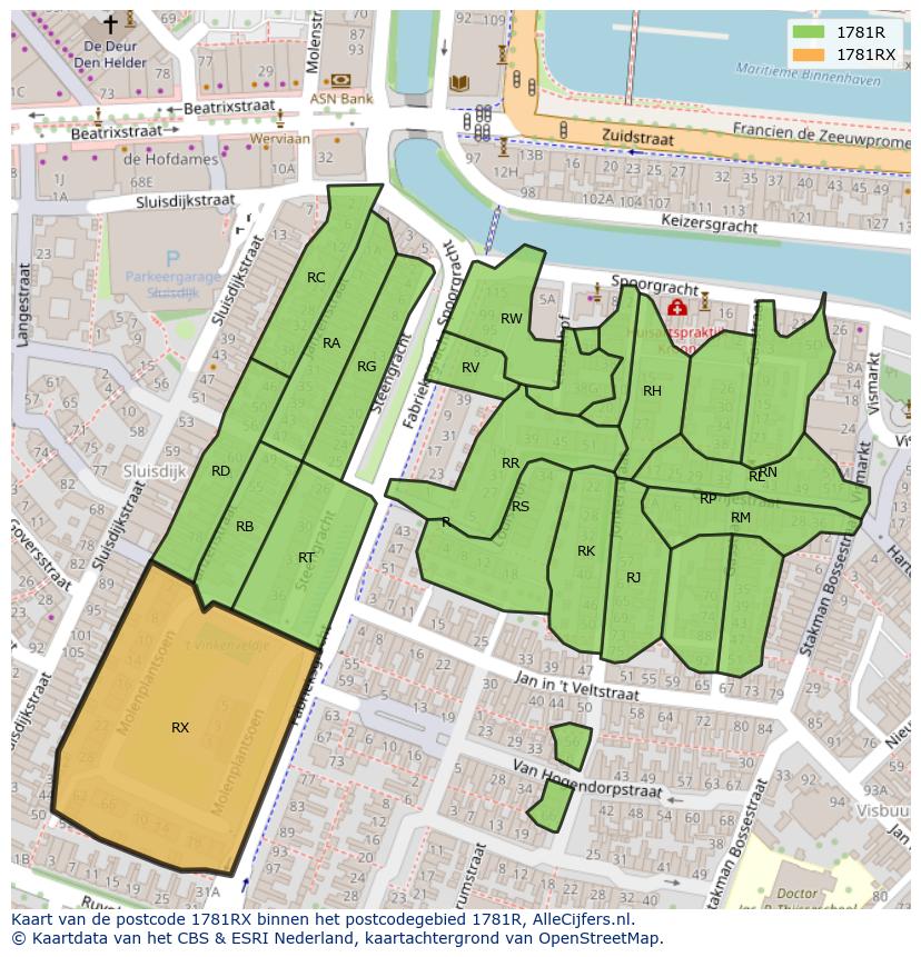 Afbeelding van het postcodegebied 1781 RX op de kaart.