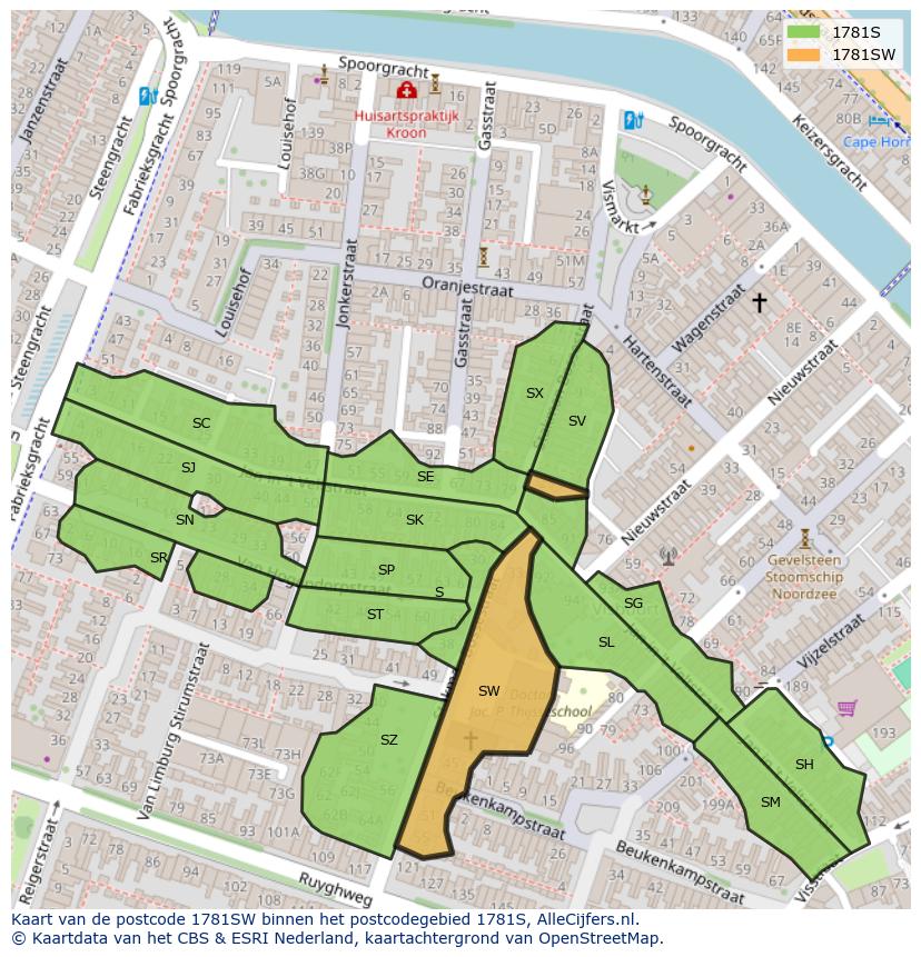Afbeelding van het postcodegebied 1781 SW op de kaart.