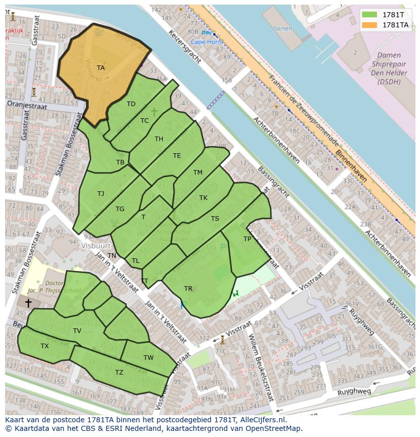 Afbeelding van het postcodegebied 1781 TA op de kaart.
