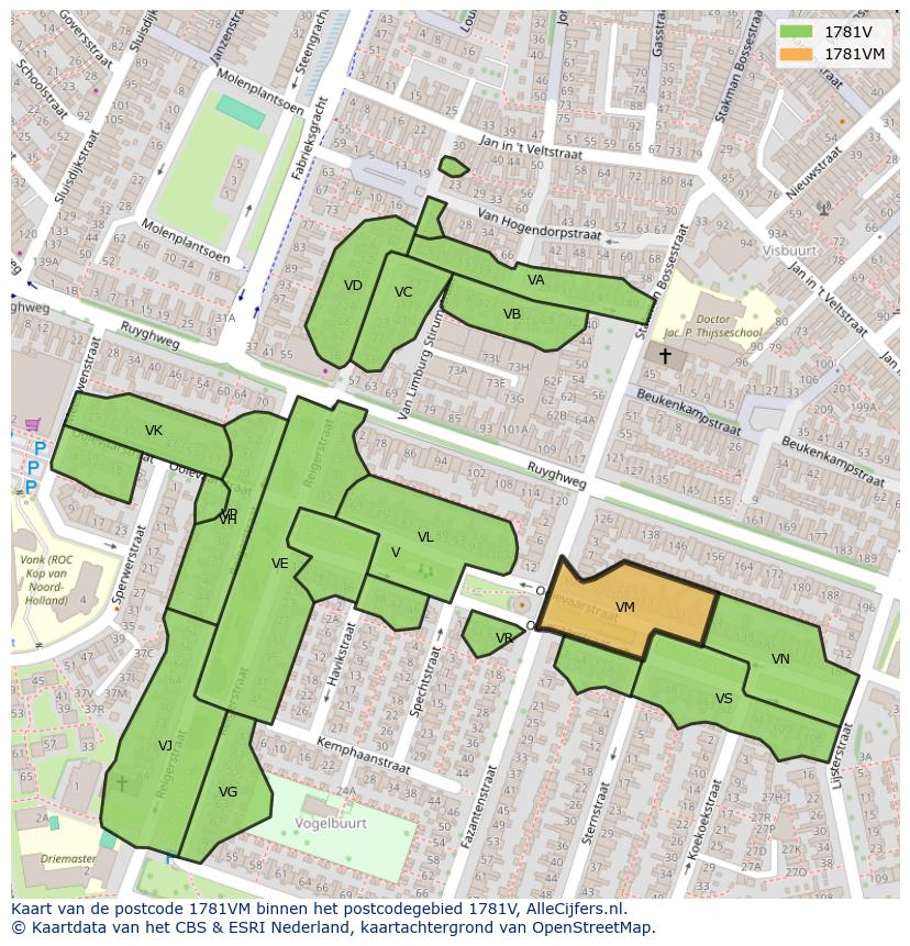 Afbeelding van het postcodegebied 1781 VM op de kaart.