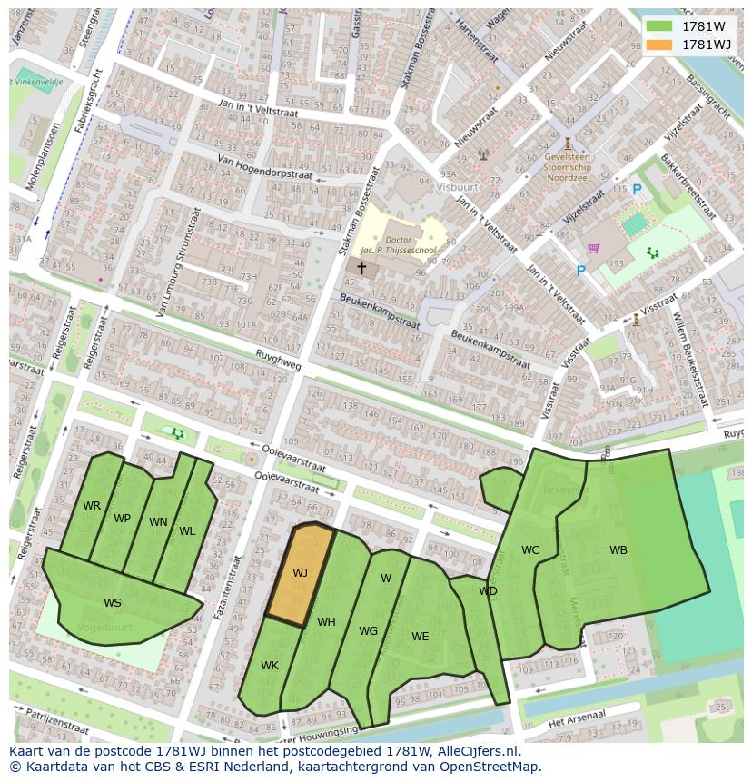 Afbeelding van het postcodegebied 1781 WJ op de kaart.