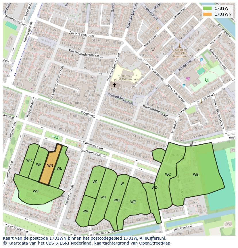 Afbeelding van het postcodegebied 1781 WN op de kaart.