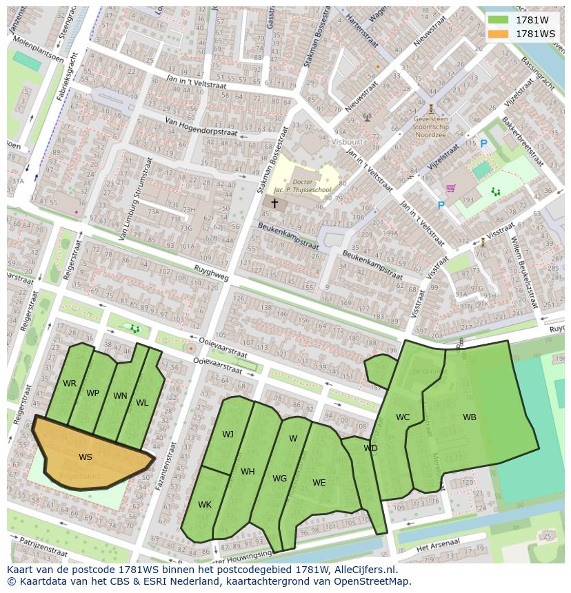 Afbeelding van het postcodegebied 1781 WS op de kaart.