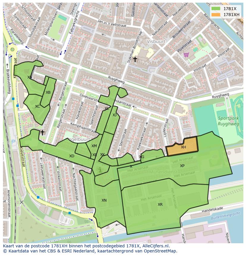 Afbeelding van het postcodegebied 1781 XH op de kaart.