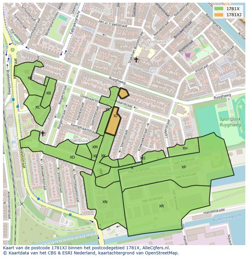 Afbeelding van het postcodegebied 1781 XJ op de kaart.