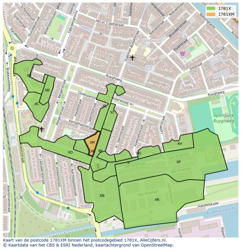 Afbeelding van het postcodegebied 1781 XM op de kaart.
