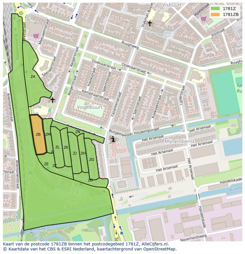 Afbeelding van het postcodegebied 1781 ZB op de kaart.