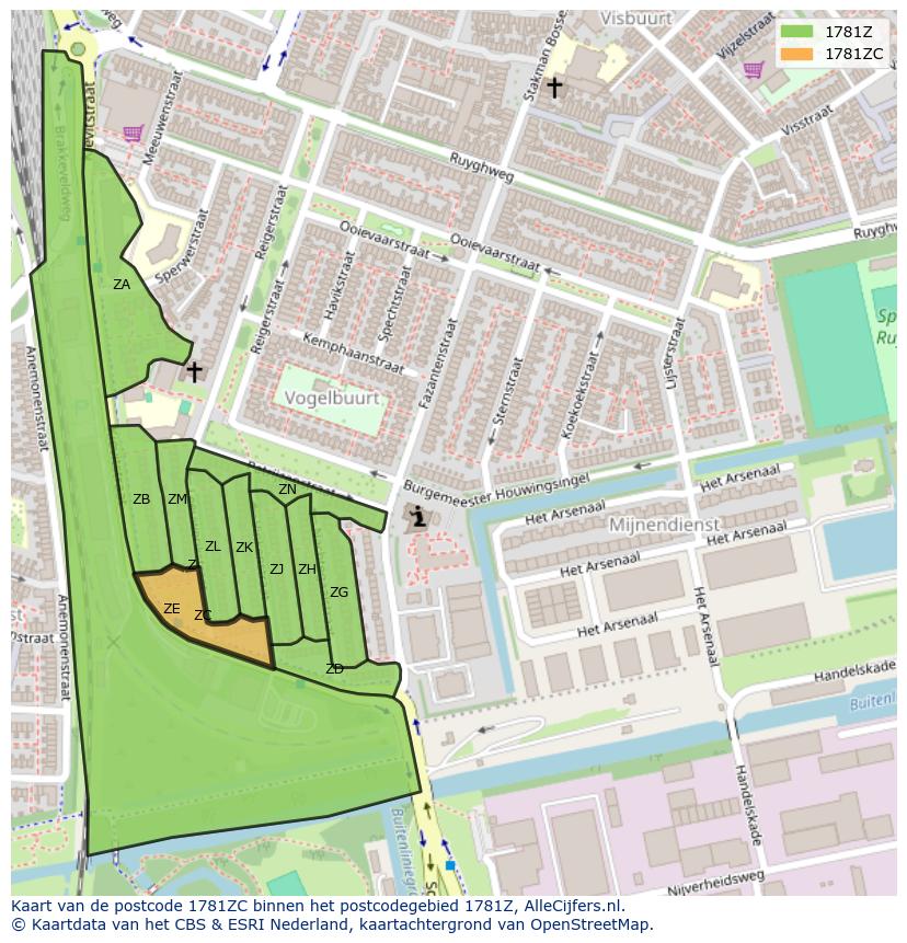 Afbeelding van het postcodegebied 1781 ZC op de kaart.