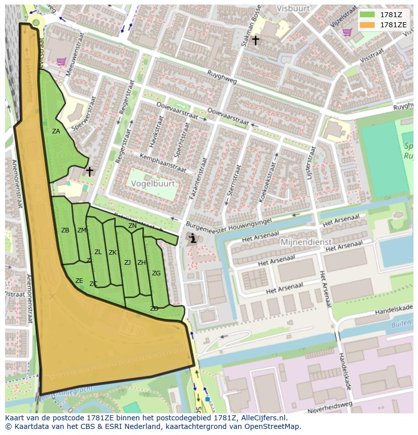Afbeelding van het postcodegebied 1781 ZE op de kaart.