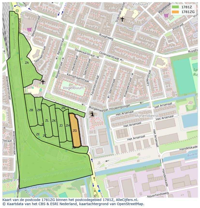 Afbeelding van het postcodegebied 1781 ZG op de kaart.