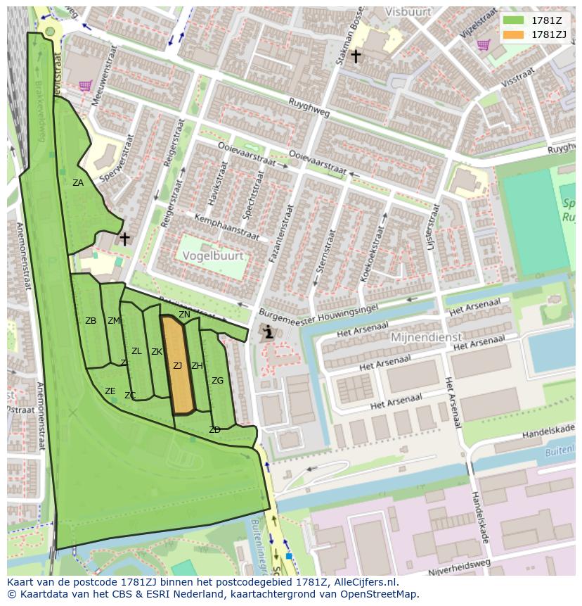 Afbeelding van het postcodegebied 1781 ZJ op de kaart.