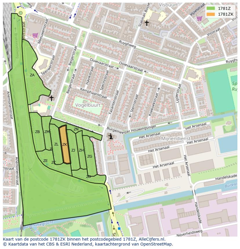 Afbeelding van het postcodegebied 1781 ZK op de kaart.