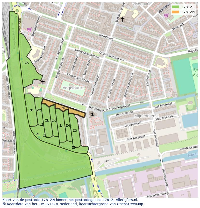 Afbeelding van het postcodegebied 1781 ZN op de kaart.