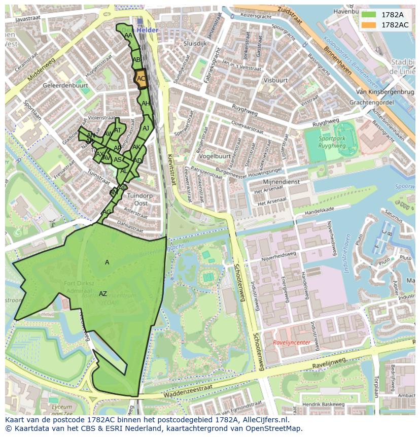 Afbeelding van het postcodegebied 1782 AC op de kaart.