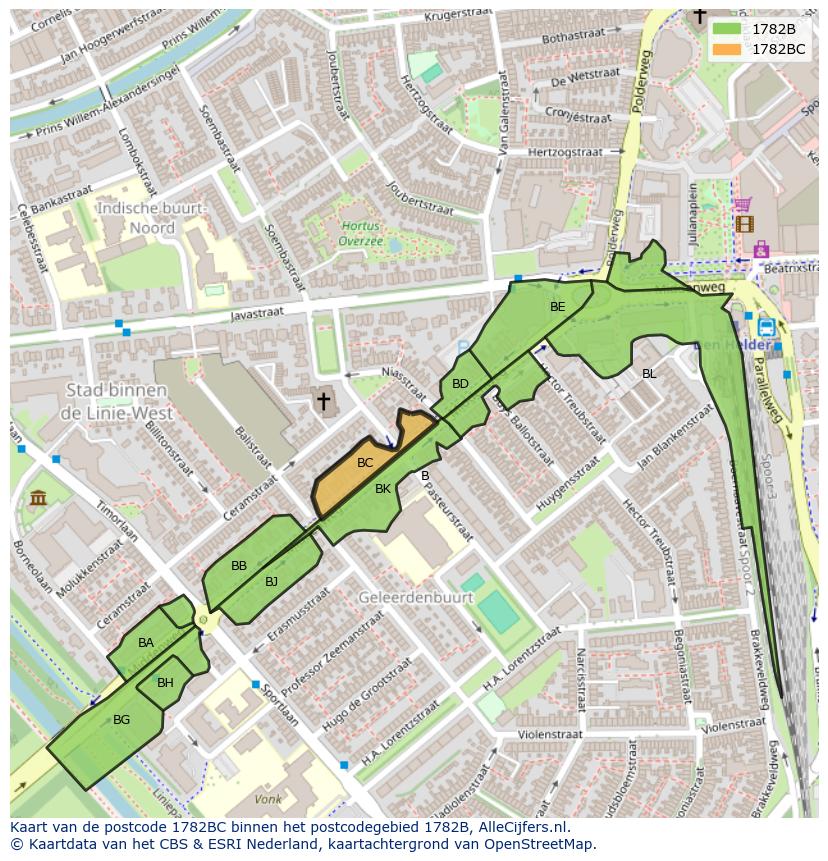 Afbeelding van het postcodegebied 1782 BC op de kaart.