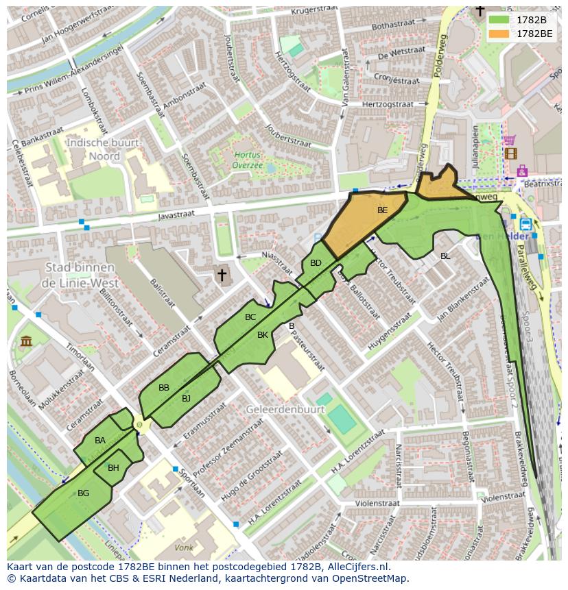 Afbeelding van het postcodegebied 1782 BE op de kaart.