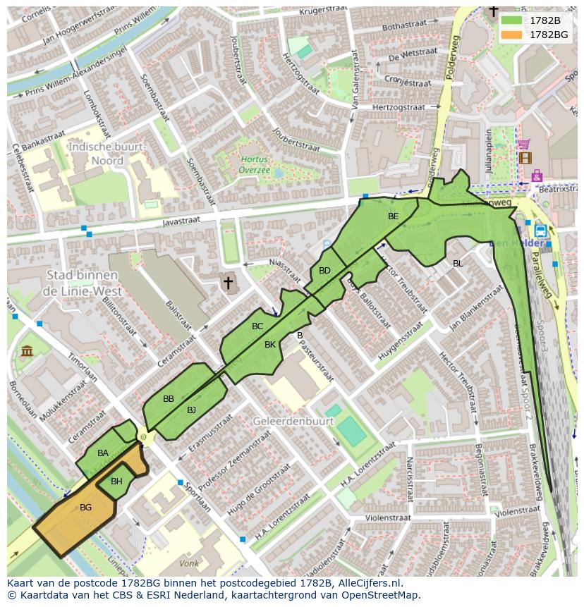 Afbeelding van het postcodegebied 1782 BG op de kaart.