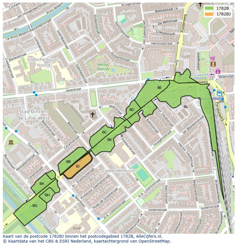 Afbeelding van het postcodegebied 1782 BJ op de kaart.
