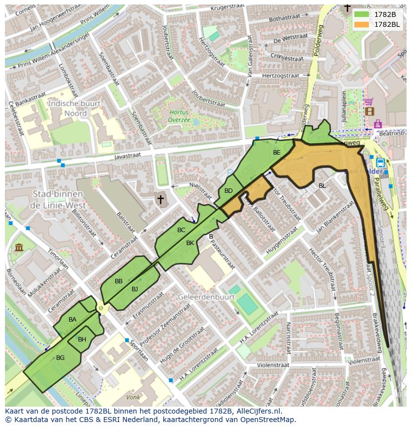 Afbeelding van het postcodegebied 1782 BL op de kaart.