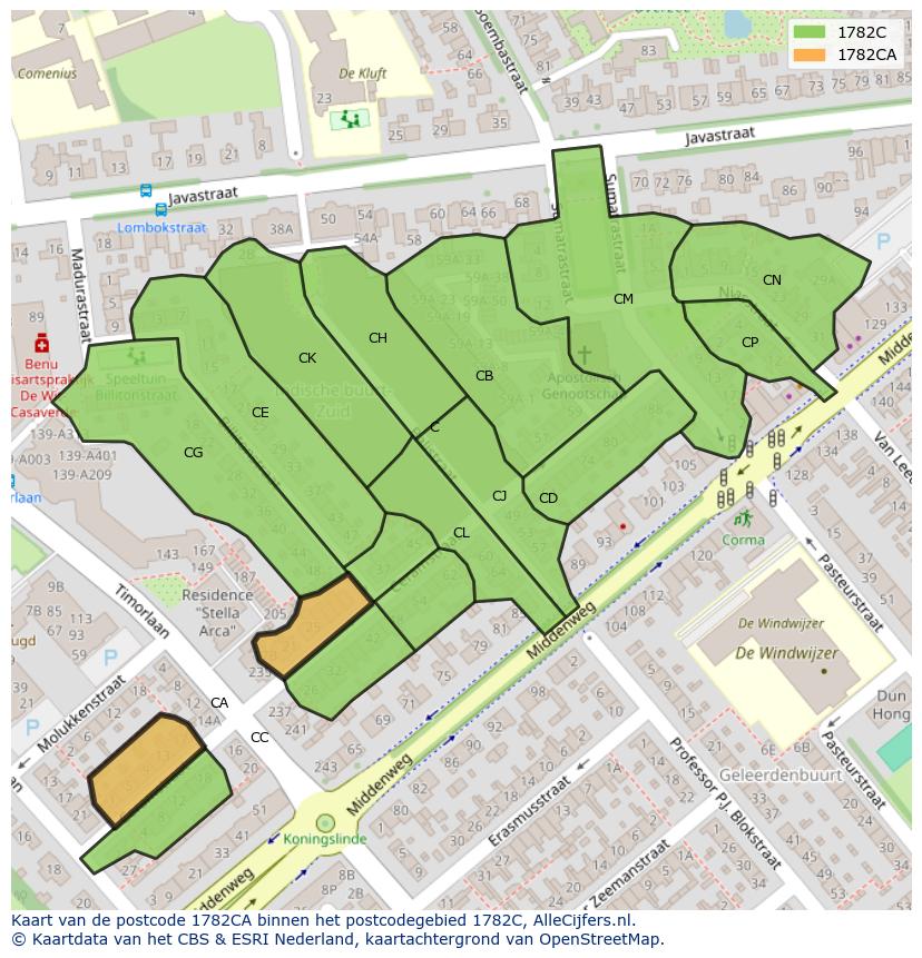 Afbeelding van het postcodegebied 1782 CA op de kaart.