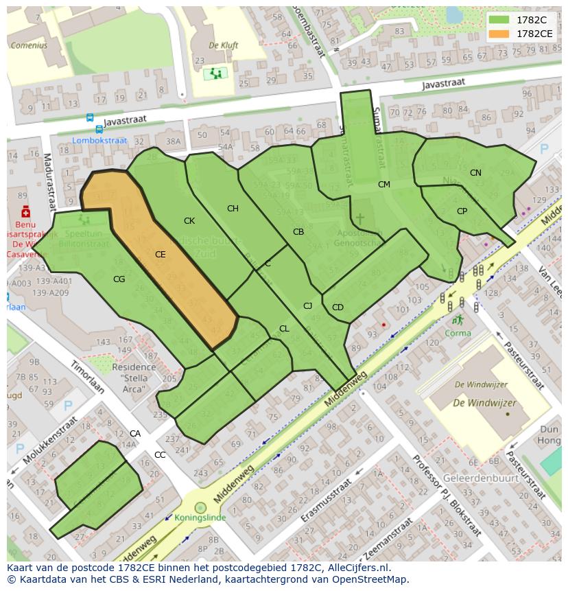 Afbeelding van het postcodegebied 1782 CE op de kaart.