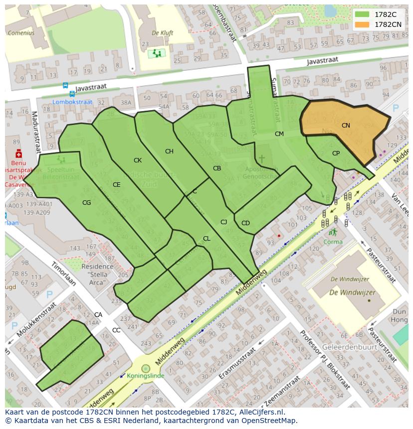 Afbeelding van het postcodegebied 1782 CN op de kaart.