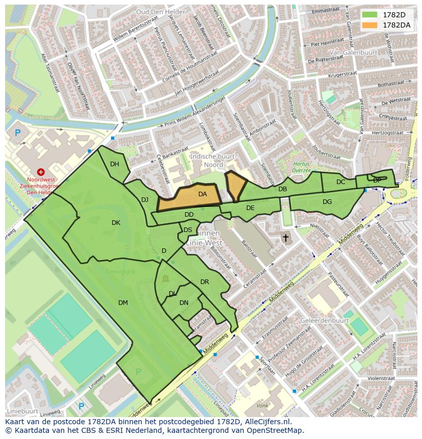 Afbeelding van het postcodegebied 1782 DA op de kaart.