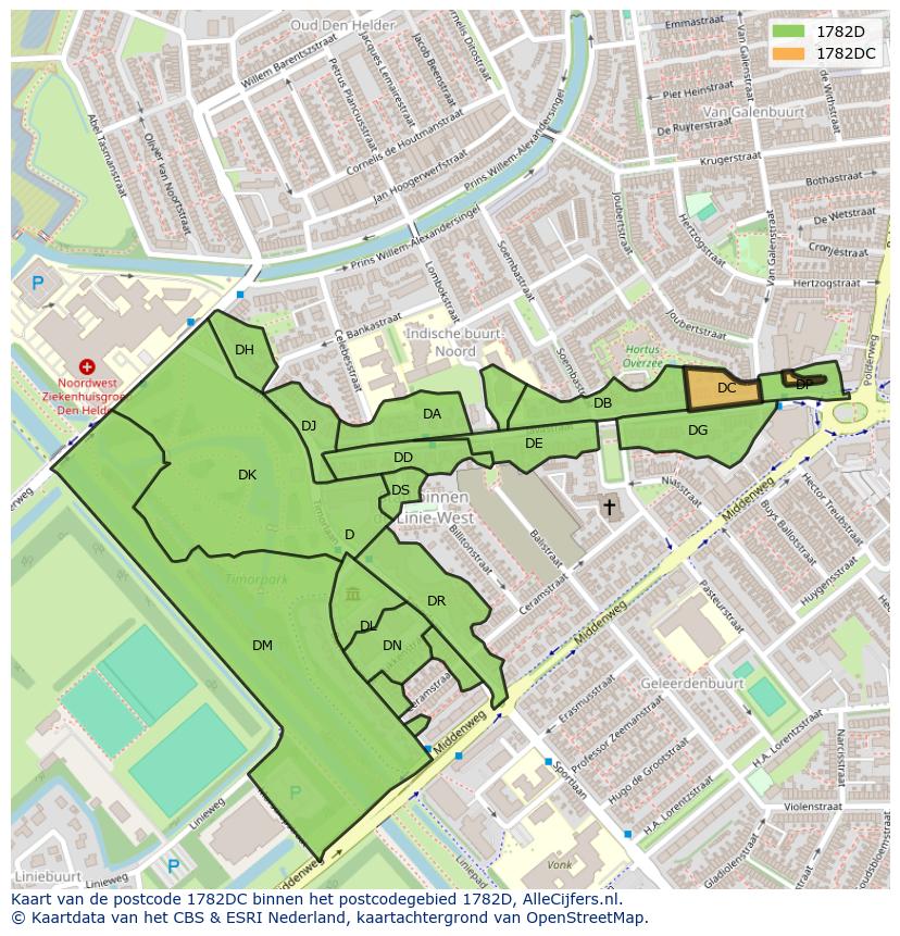 Afbeelding van het postcodegebied 1782 DC op de kaart.