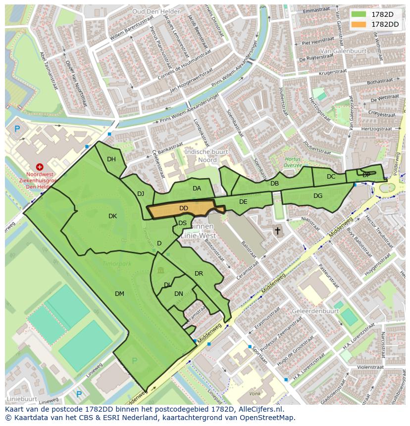 Afbeelding van het postcodegebied 1782 DD op de kaart.