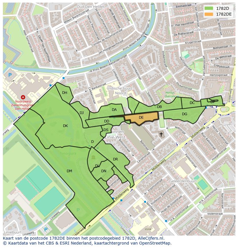 Afbeelding van het postcodegebied 1782 DE op de kaart.