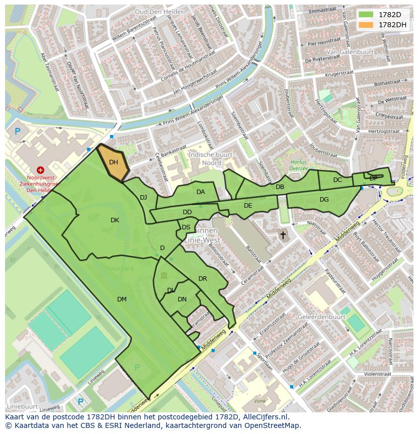 Afbeelding van het postcodegebied 1782 DH op de kaart.