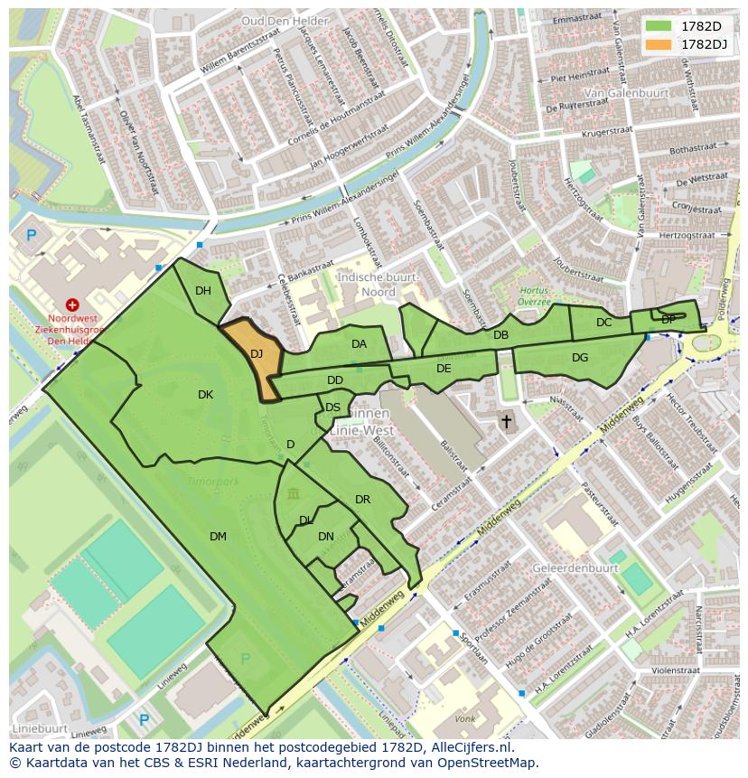 Afbeelding van het postcodegebied 1782 DJ op de kaart.