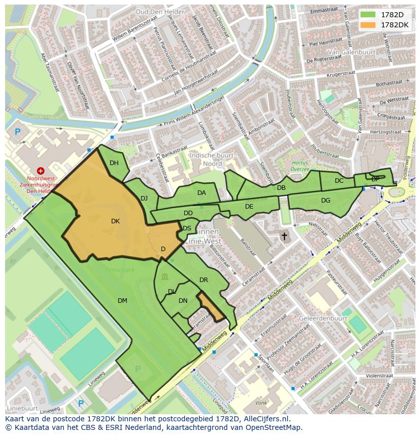 Afbeelding van het postcodegebied 1782 DK op de kaart.
